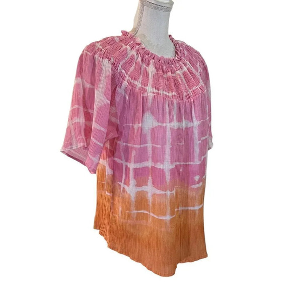 Zac & Rachel Blouse XL Abstract Watercolor Pink Orange Smocked Ruffled Neckline - Picture 2 of 8